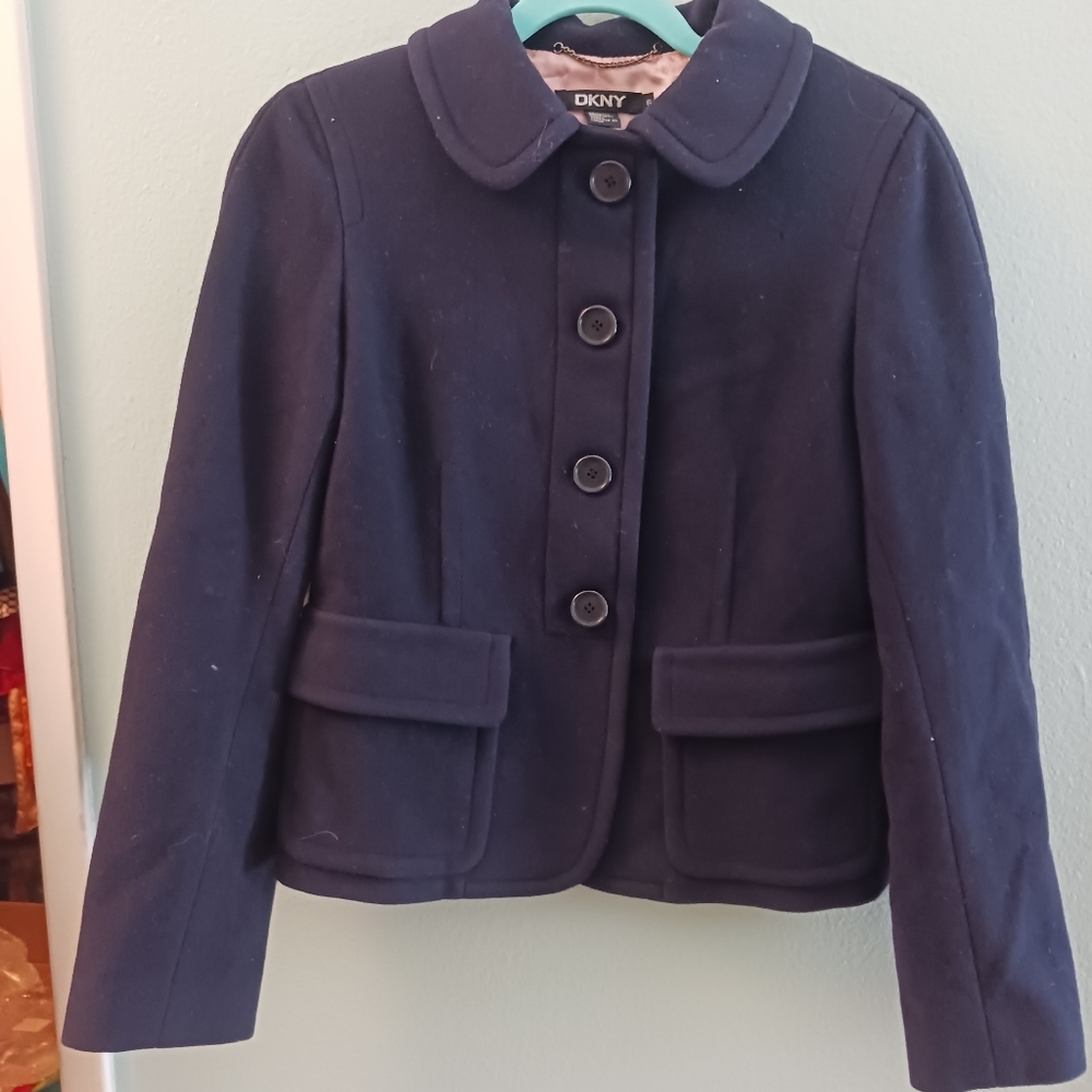 DKNY Solid Dark Blue Wool Coat | Size 6